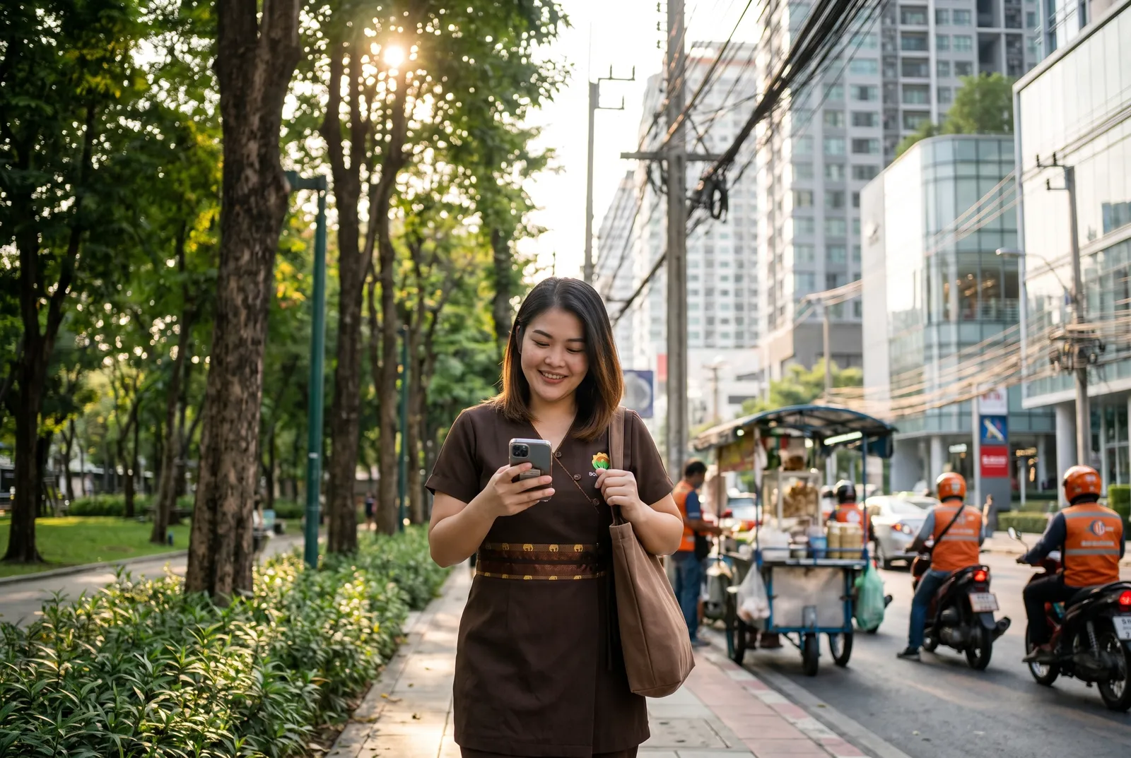 Soul Treats therapist Emmi walking along a tree-lined Sukhumvit pavement near Benchasiri Park in Phrom Phong at golden hour