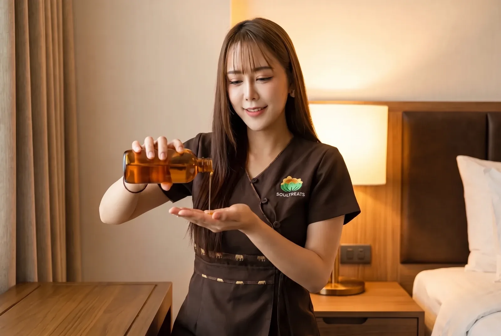 호텔 객실 침대 옆에서 따뜻한 마사지 오일을 손바닥에 붓는 Jean