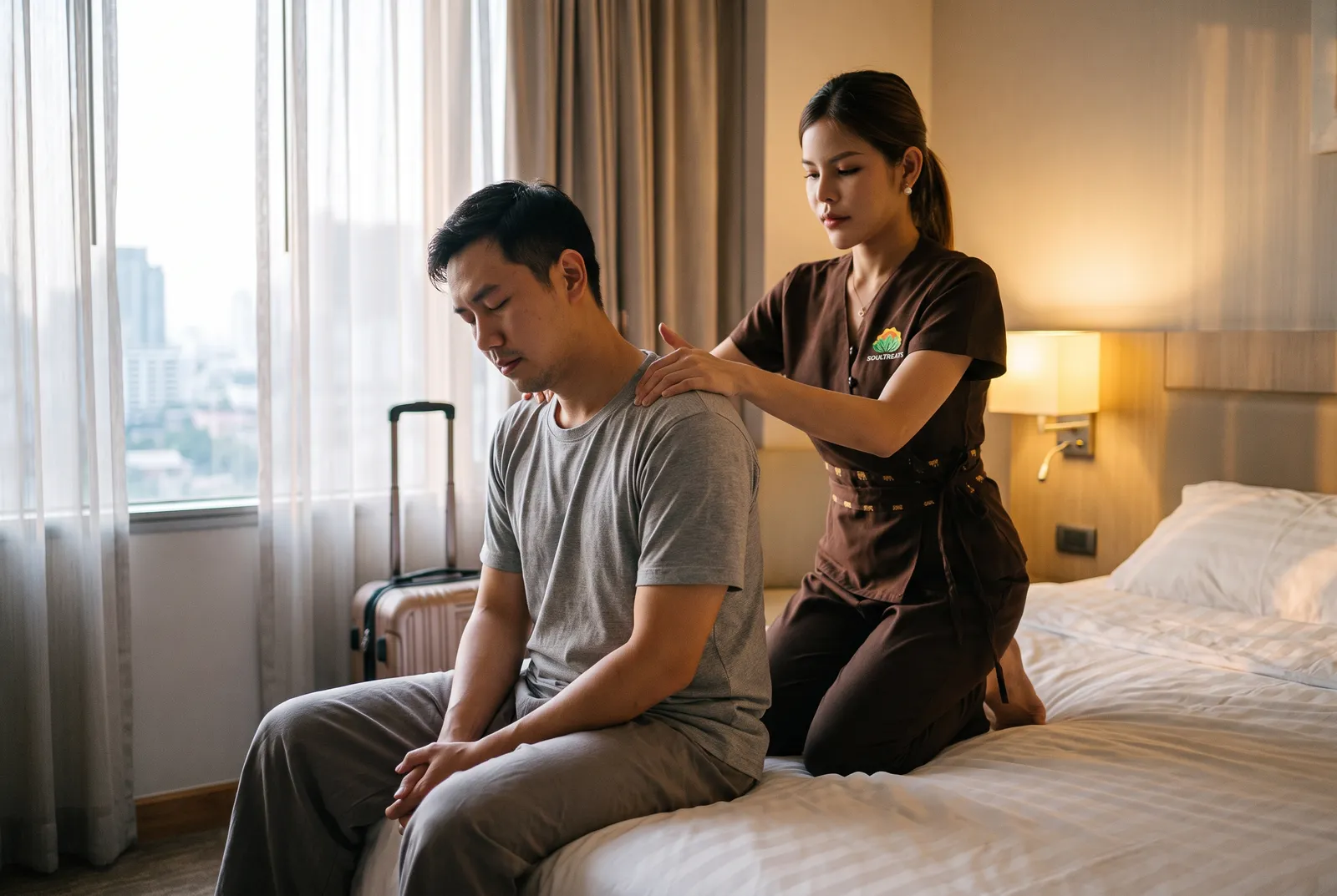 Soul Treats therapist Lina applying thumb pressure to a hotel guest's upper back as he sits on the edge of the bed