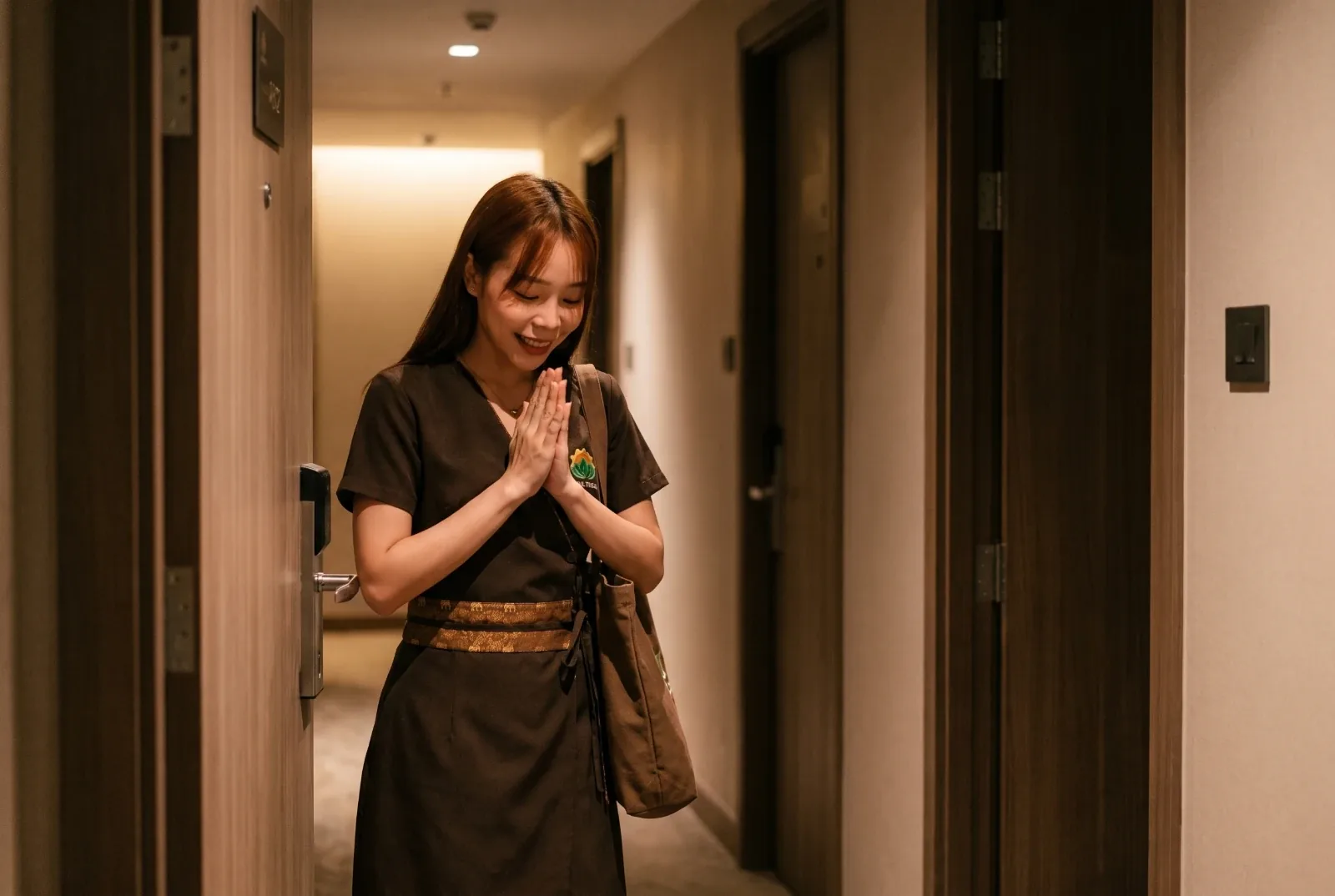 ホテルの客室のドアで、ワイ（合掌）でお客様にご挨拶するセラピストのNa Dear