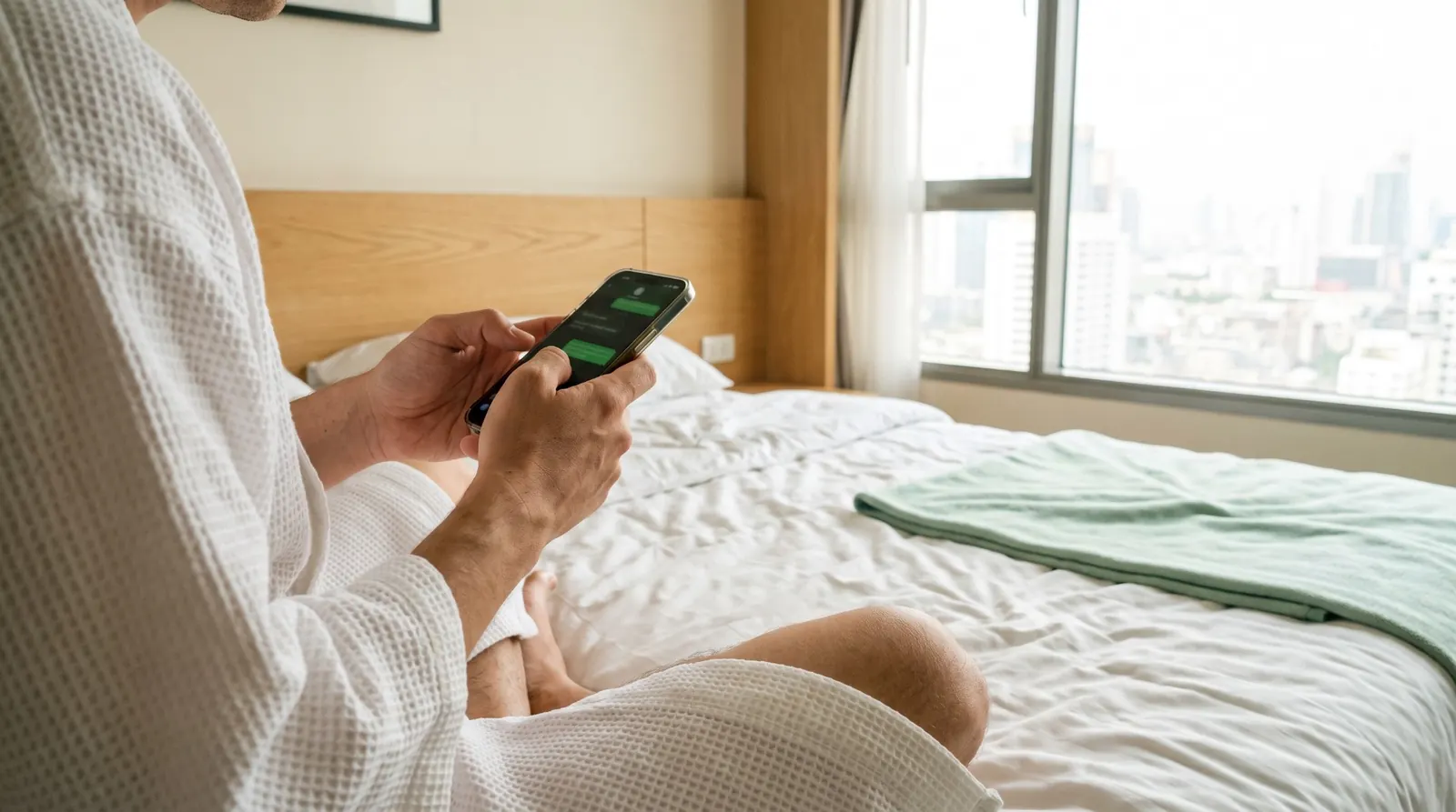 ベッドの上からWhatsAppで予約メッセージを送るホテルの宿泊客
