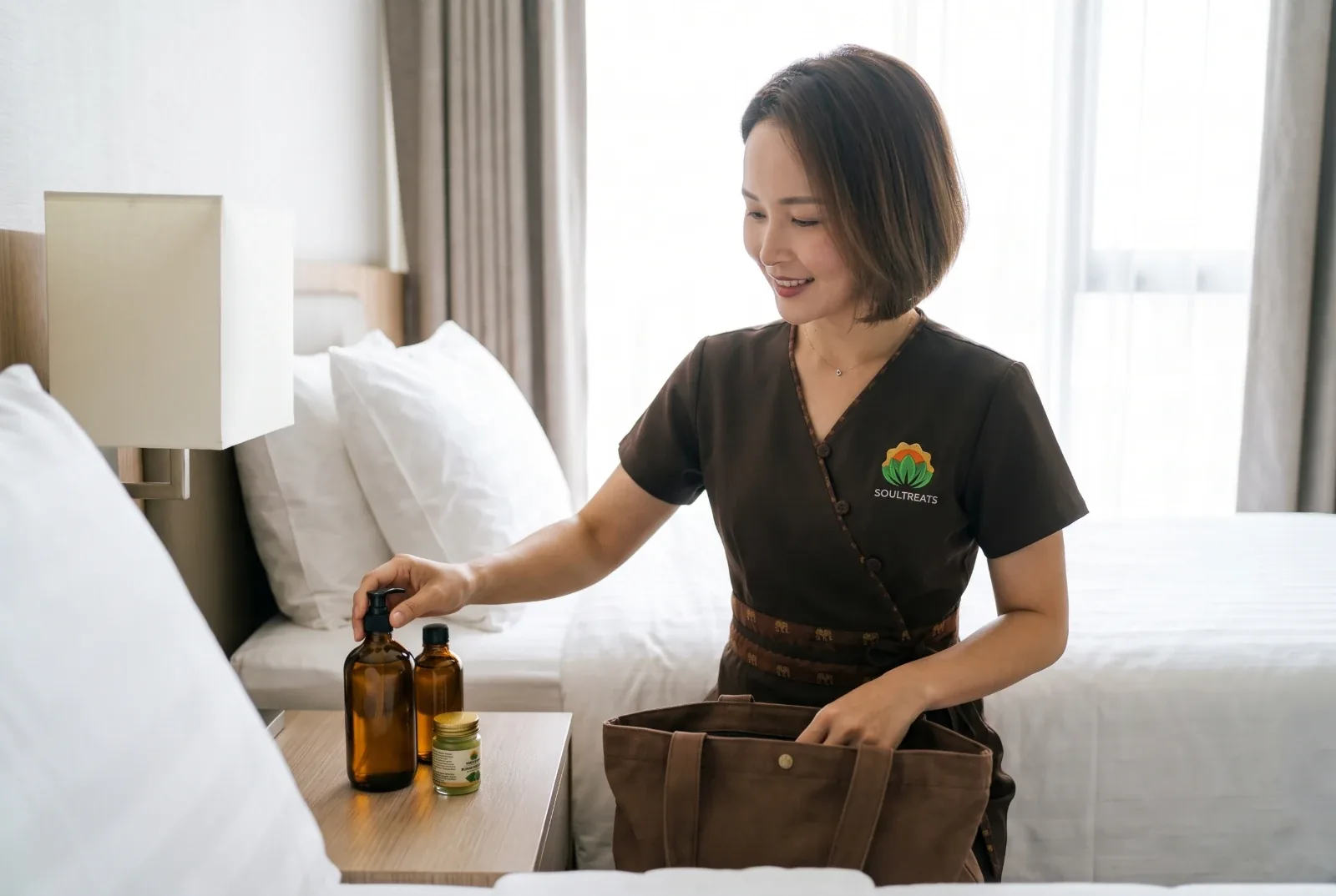 按摩师Alice在酒店房间的床头柜上摆放按摩油和草药膏