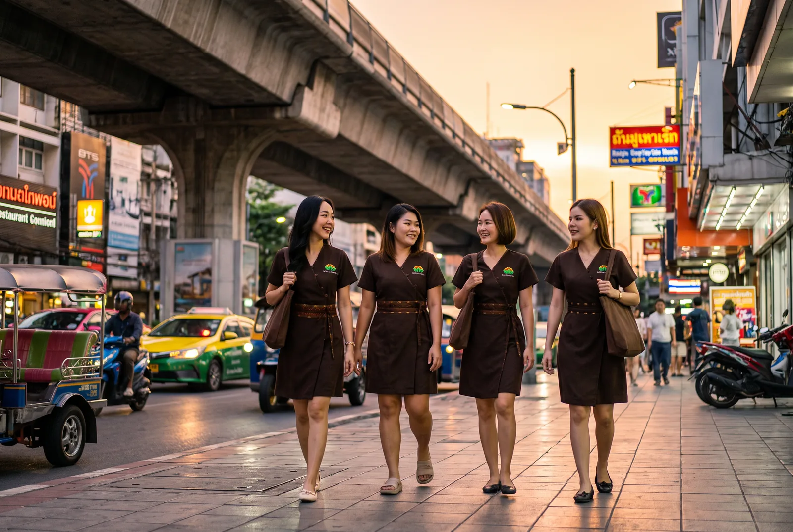Soul Treats therapists walking together along Sukhumvit Road at dusk
